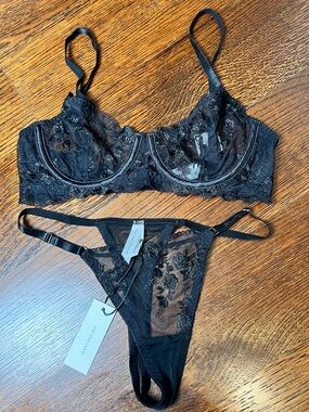 Never worn Kat the Label Sheer Lace Bra & Thong Set - Black NWT